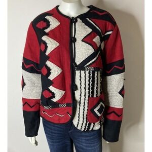 Coldwater Creek Jacket Red Black Artsy Boho Chic Aztec Style Size M Wool Blend